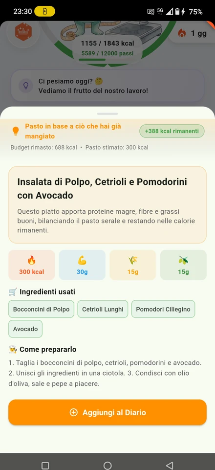 Meal suggestion computed on the calories left for the day: octopus salad with pantry ingredients and preparation steps