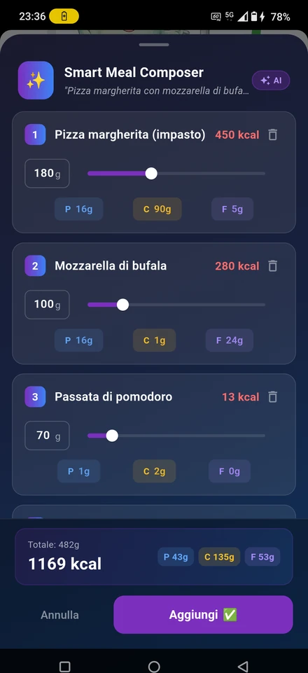 Smart Meal Composer: pizza dough, buffalo mozzarella and tomato sauce, each with grams and macros