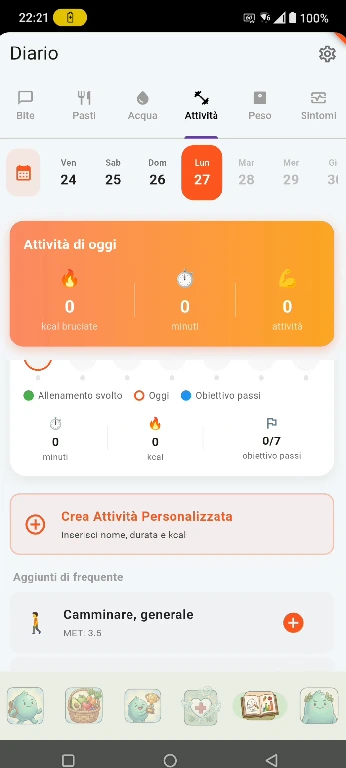 NUTRIMI diary with Bite, Meals, Water, Activity, Weight and Symptoms tabs