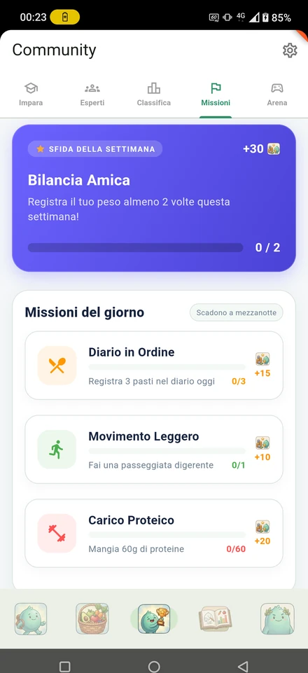 Daily quests and the weekly challenge, each with its own coin reward