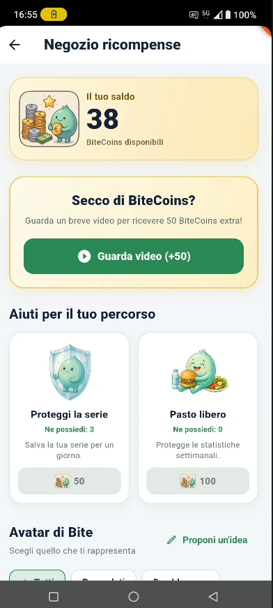 Rewards shop with BiteCoins, streak protection and Bite avatars