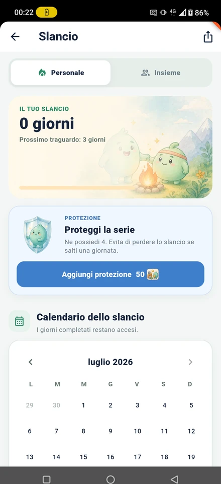 Streak screen: consecutive days, available protections and the calendar of completed days
